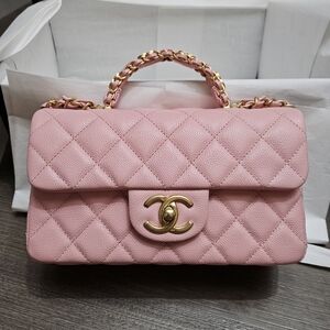Chanel Pink Quilted Caviar Top Handle Crossbody Bag with Gold Accents